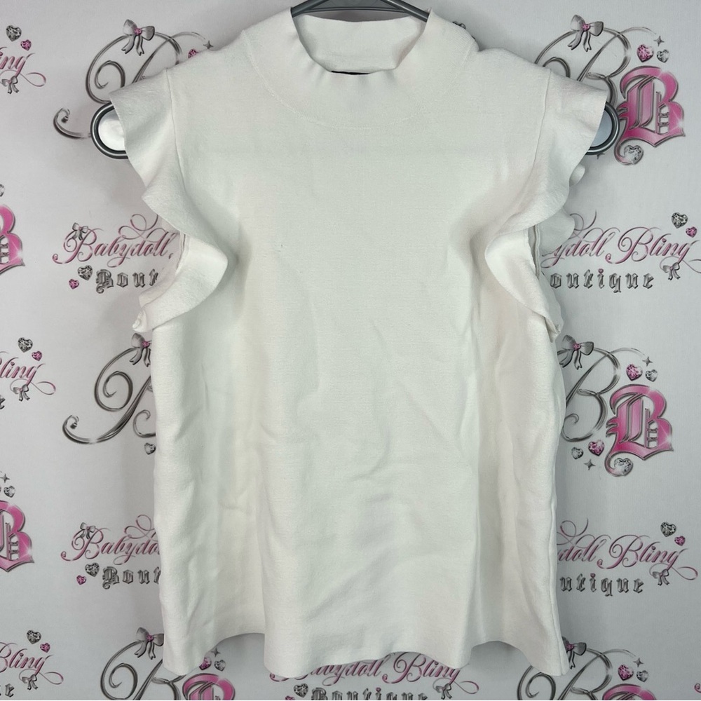 Ann Taylor tank top ruffle sleeve frilly Cream Ruffle Sleeve Blouse